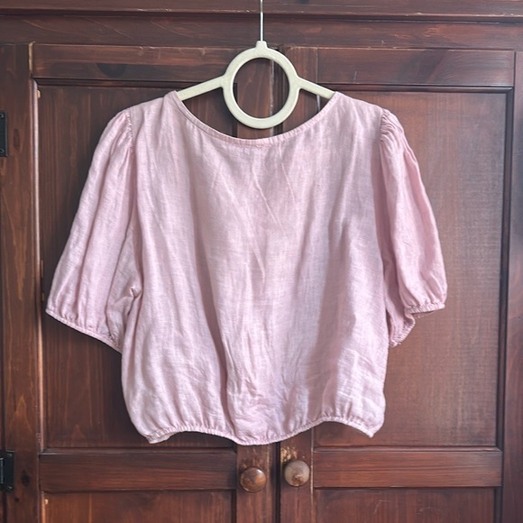 BELLAMBRA PUFF SLEEVES LINEN CROPPED BLOUSE TOP - Picture 2 of 5